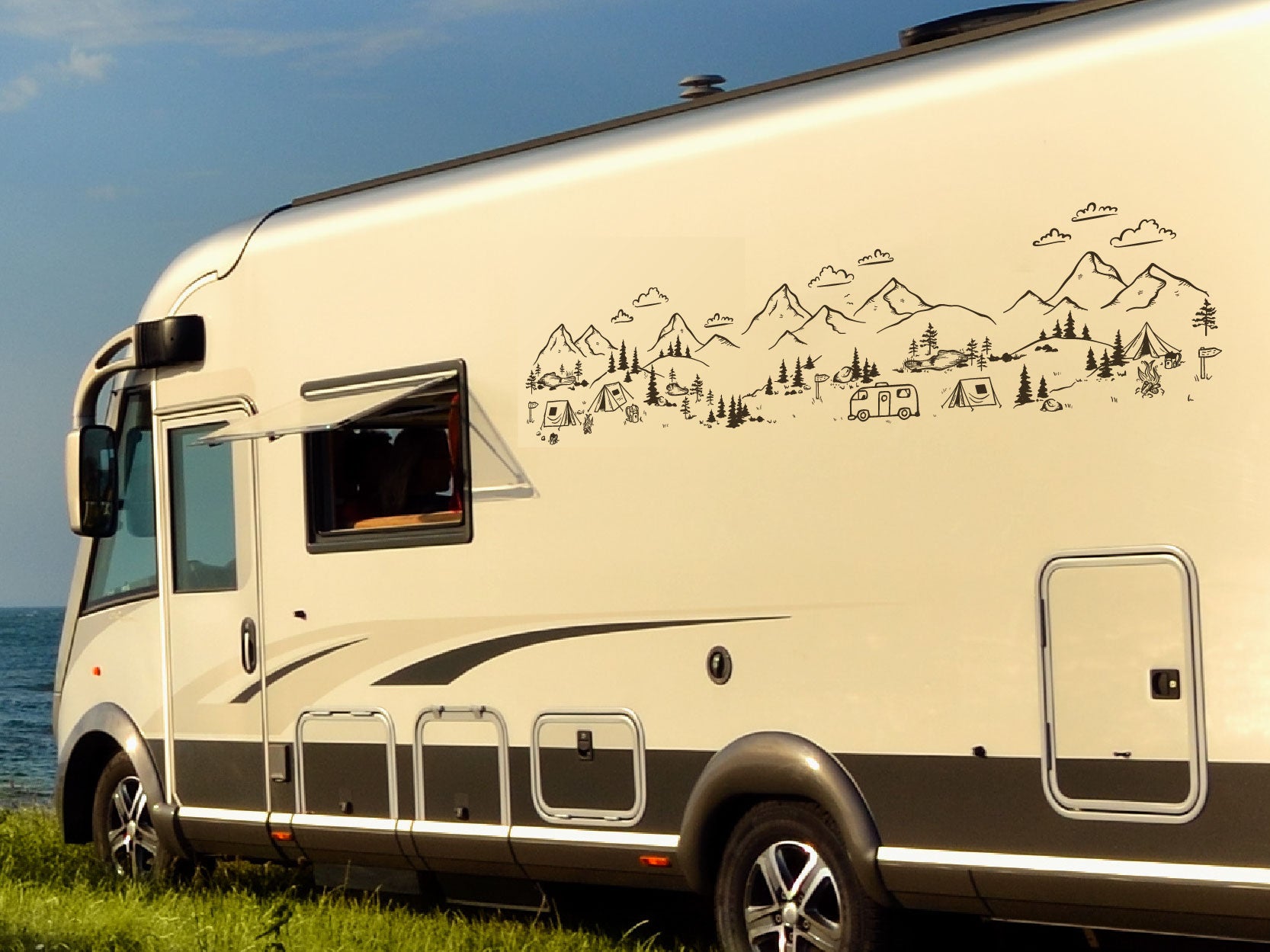 Wohnmobil Aufkleber handgezeichnete Campingplatz Landschaft