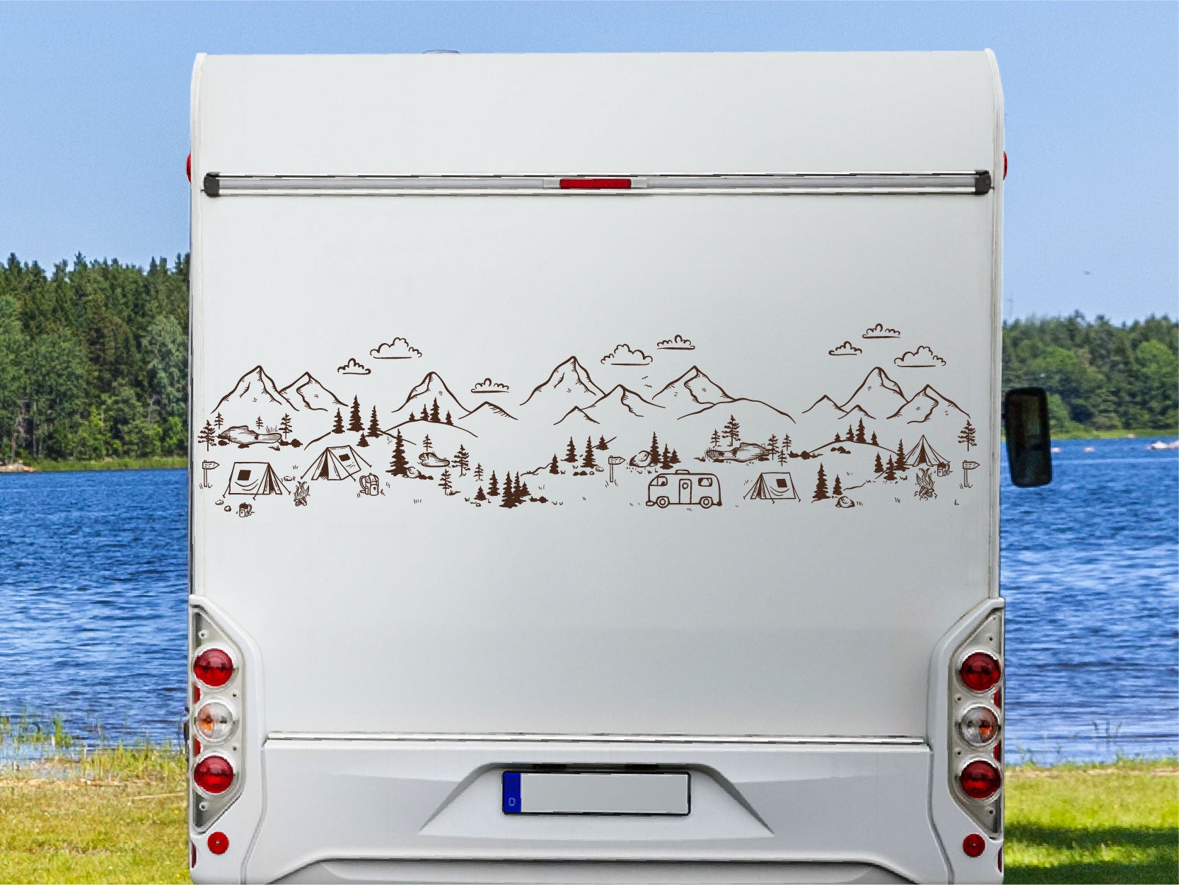 Wohnmobil Aufkleber handgezeichnete Campingplatz Landschaft