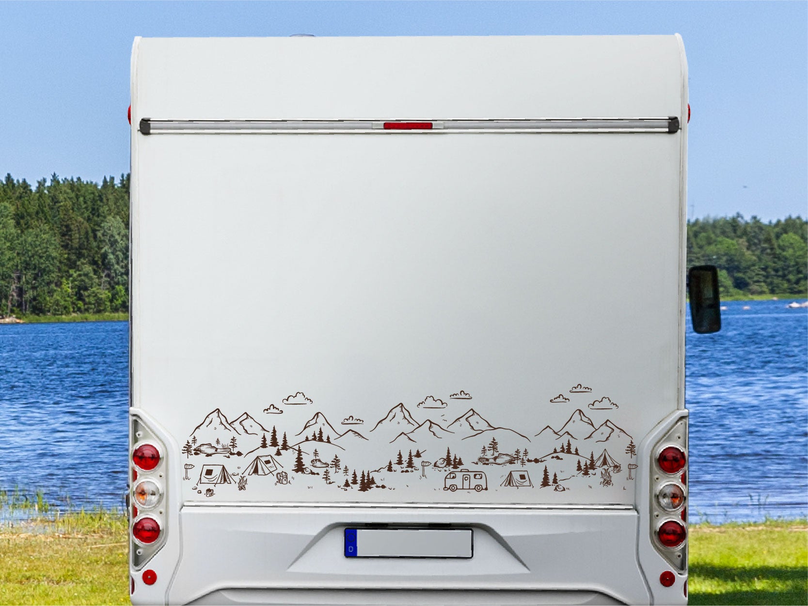 Wohnmobil Aufkleber handgezeichnete Campingplatz Landschaft